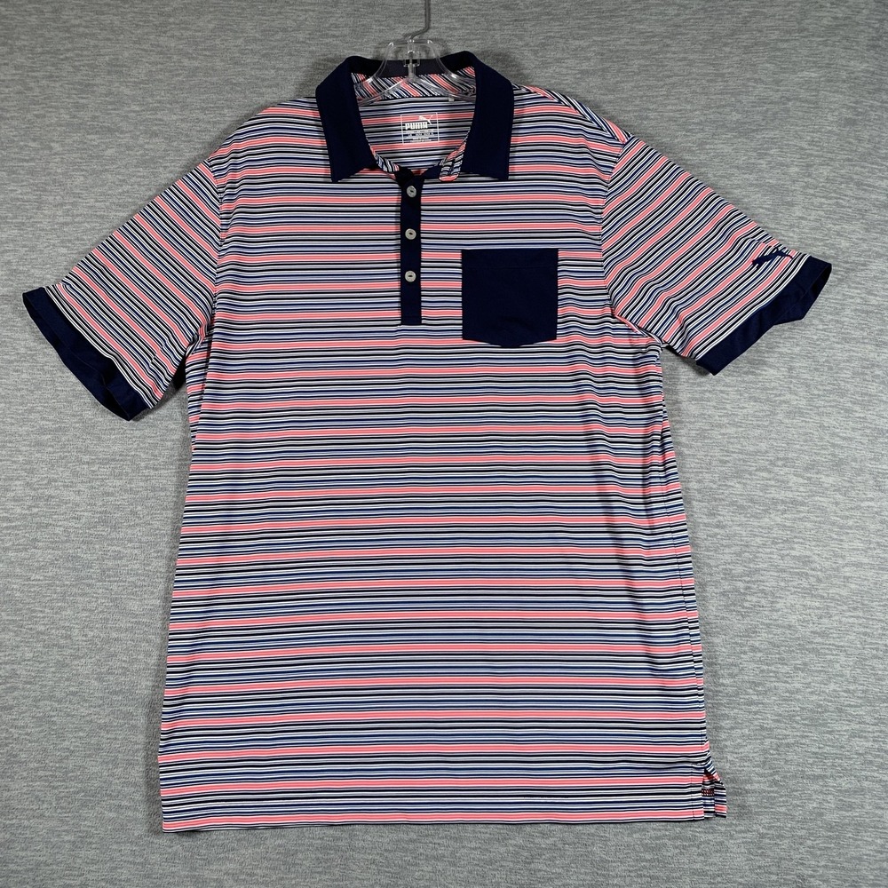 Puma Polo Shirt Mens XL Blue Pink‎ Stripe Golf Pocket Performance Short Sleeve